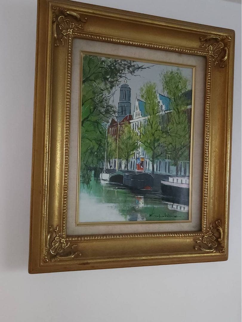 中島晃次　作品　 「運河ある街」 油彩画 F4 金色フレーム