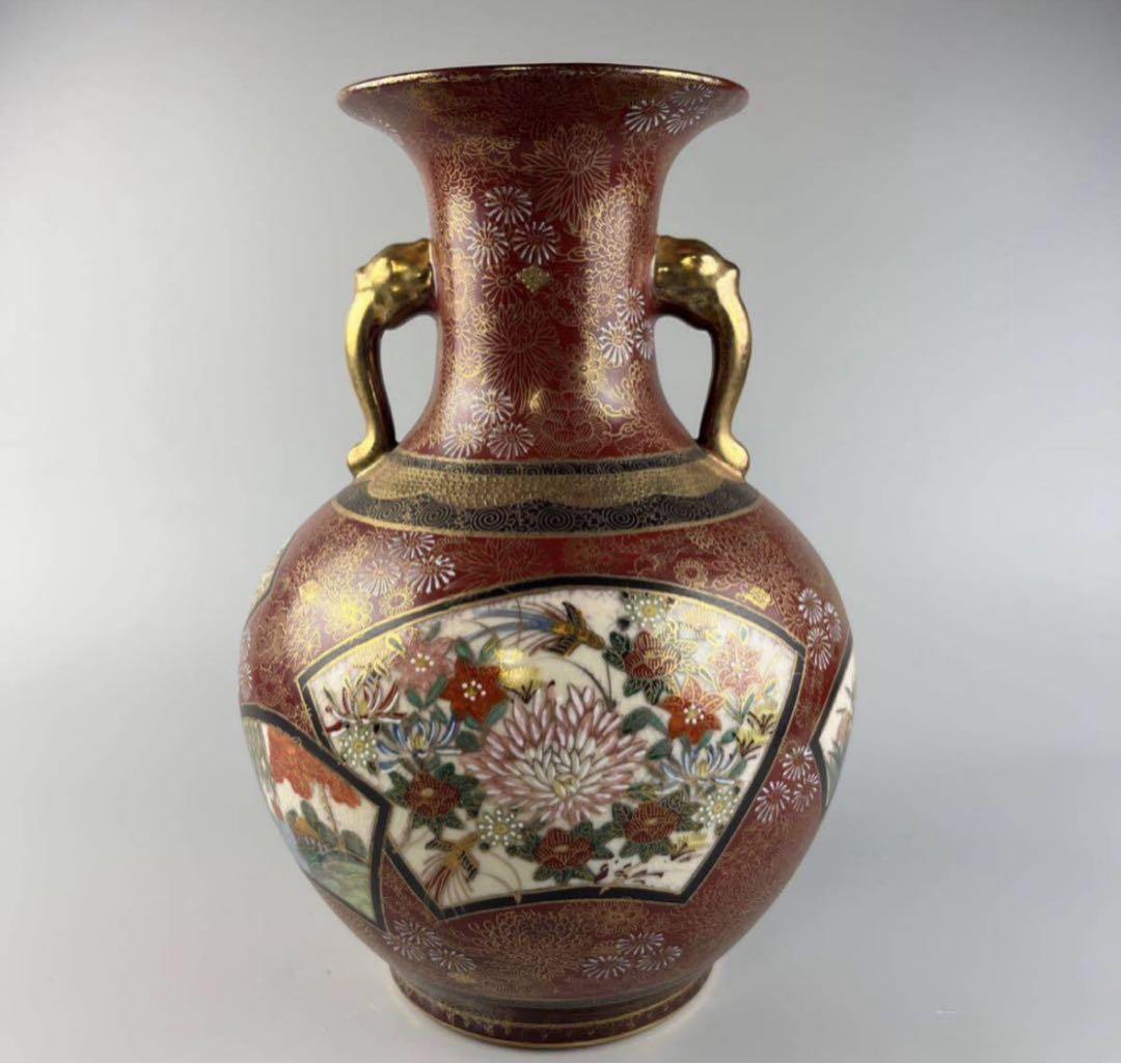 古美術 金彩 色絵 連山 錦襴手 九谷 花瓶 華道具 花入