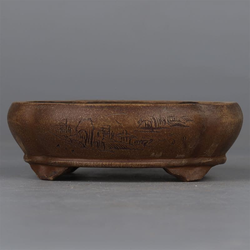 中国宜興 紫砂雕山青水秀山水纹 鉢盆栽鉢 植木鉢 小品盆栽鉢 大品盆栽鉢